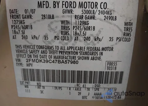 2007 Ford Edge Sel Plus from USA, damaged, VIN 2FMDK39C47BA57980